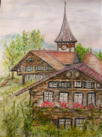 a painting of a house in the countryside
